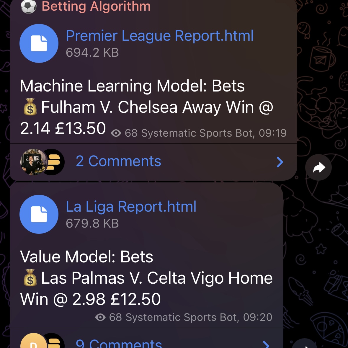 Telegram Football Betting Algorithm bot posting Value and Machine Learning (ML) Betting Strategies